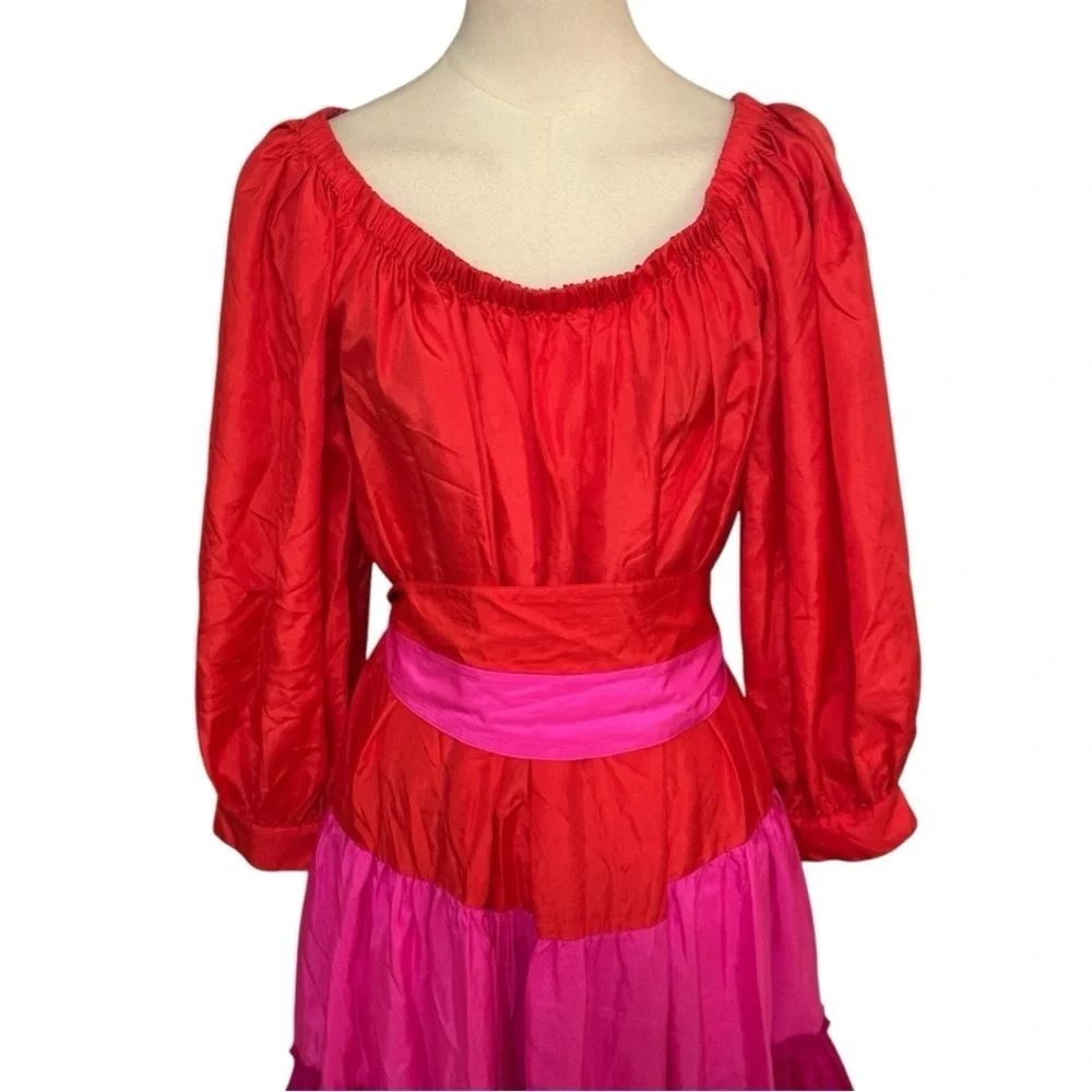 DNKY SILK Colorful Tiered Skirt Pink Orange Party 8 Bloomingdale’s Cruise Midi - Picture 5 of 10